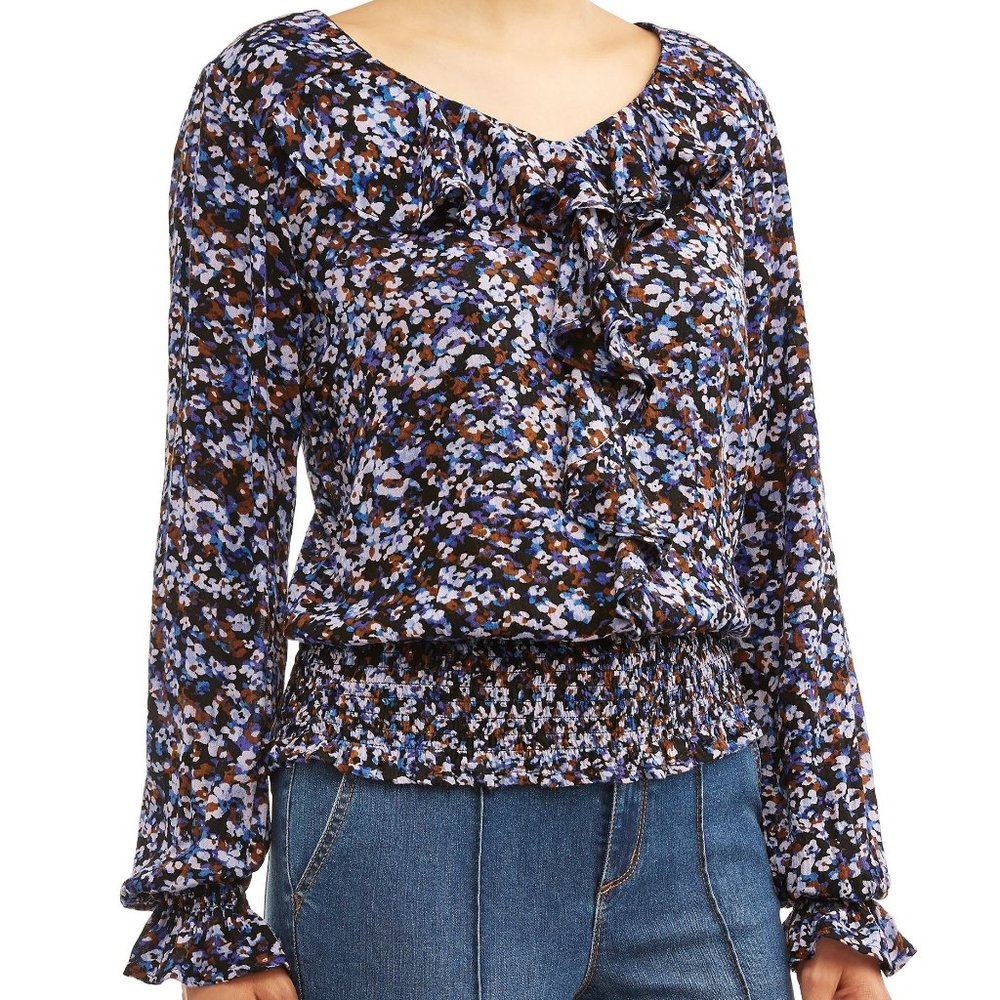 New Smocked Waist Ruffle Front Long-sleeves Top